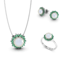 Conjunto de joias de pérola: colar, anel e brincos