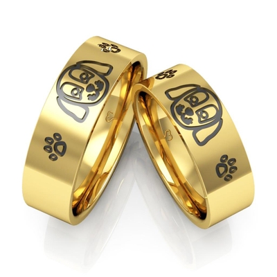 Alianças Casamento Ouro 18K Pet Cachorrinho E Patas Aplique em Ródio Negro