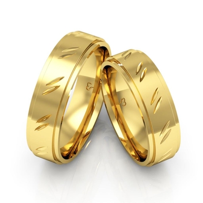 Alianças Casamento Ouro Traços Laterais Rebaixadas com Detalhes 6mm