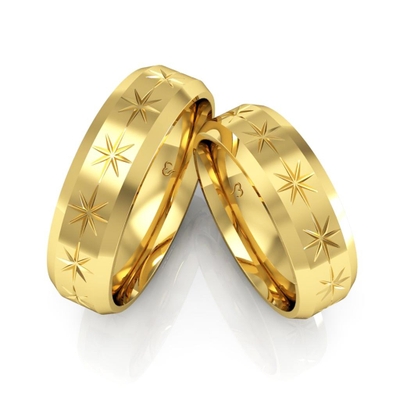 Alianças Casamento Ouro Traços Cantos Chanfrados 6mm com Desenhos