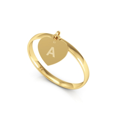 Anel com Pingente de Coração Letra Personalizável Ouro 18k
