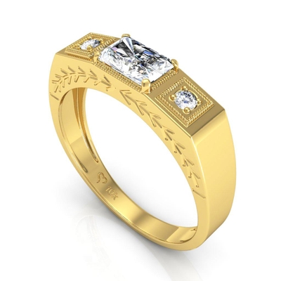 Anel Masculino Ouro 10K Baguete com Detalhes