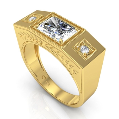Anel Masculino Ouro 10K Baguete Grande com Detalhes