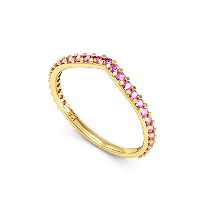 Anel Ouro 18K em V com Pedras Rosas