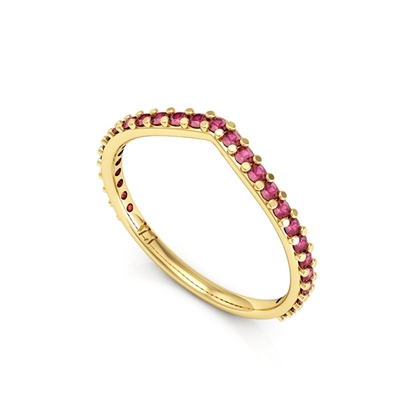 Anel Ouro 18K em V com Pedras Vermelhas