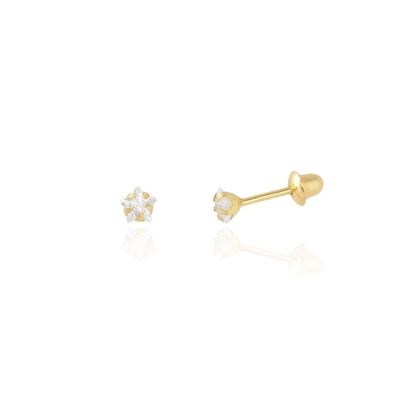 Brincos Ouro 18K Estrela Pedra Branca 3mm