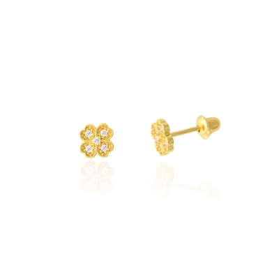 Brinco Ouro 18K Flor Pedra de Zircônia