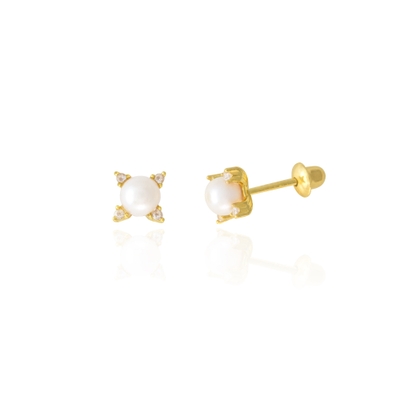 Brinco Ouro 18K Garra Pérola e Zircônia