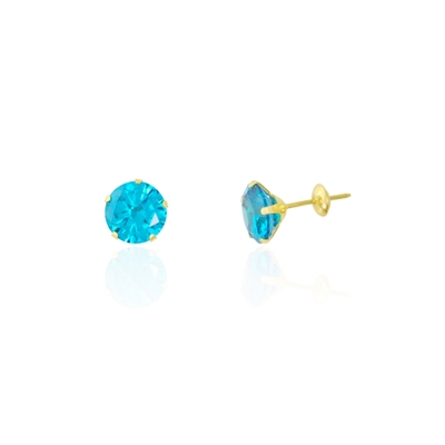 Brinco Ouro 18K Pedra Azul Caribe 7mm