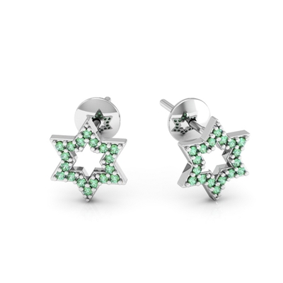 Brinco Prata Estrela de Davi com Pedras Verdes