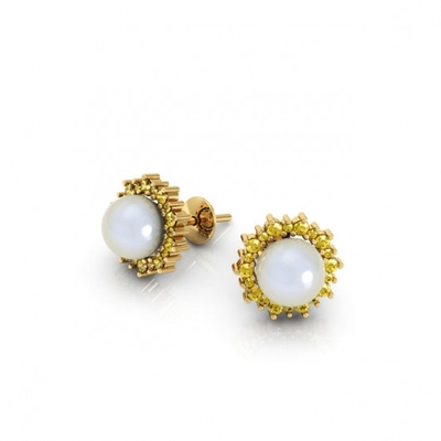 Brinco Ouro 18K Pérola Pedras Amarelas