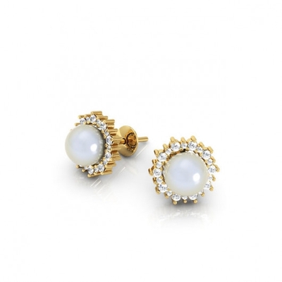 Brinco Ouro 18K Pérola Pedras Brancas