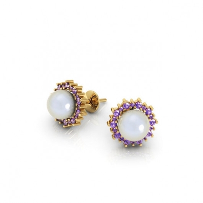 Brinco Ouro 18K Pérola Pedras Lilás