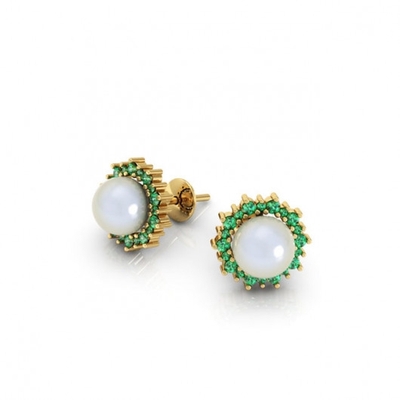 Brinco Ouro 18K Pérola Pedras Verdes
