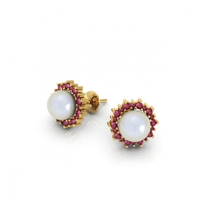 Brinco Ouro 18K Pérola Pedras Vermelhas