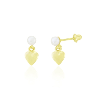 Brincos de Pérola com Pingente de Coração Ouro 18k