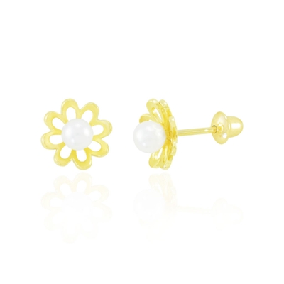 Brincos Infantil Ouro 18K Margarida e Pérola 3mm