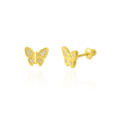 Brincos Ouro 18K Borboleta Pedras Brancas