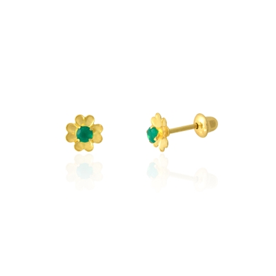 Brincos Ouro 18K Flor Pedra Verde