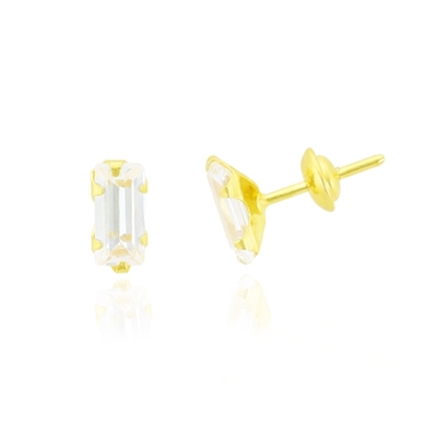 Brincos Ouro 18K Pedra Retangular Branca