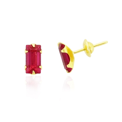 Brincos Ouro 18K Pedra Retangular Vermelha