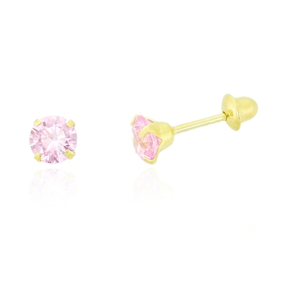 Brincos Ouro 18K Pedra Rosa 4 mm