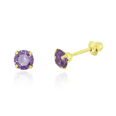 Brincos Ouro 18K Pedra Roxa 4 mm