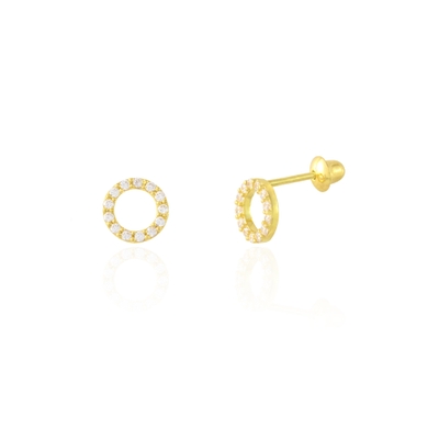 Brincos Ouro 18K Redondo Vazado Pedras Brancas