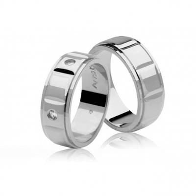 Alianças Casamento Ouro Branco Polidas 6,5mm 14g com Detalhes e 5 Brilhantes