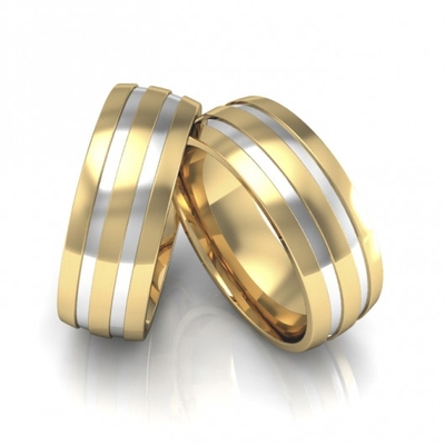 Alianças Casamento Ouro Polidas 6,5mm 13g Frisos em Ródio