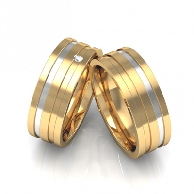 Alianças Casamento Ouro Polidas 7mm 16g com Brilhante e Frisos