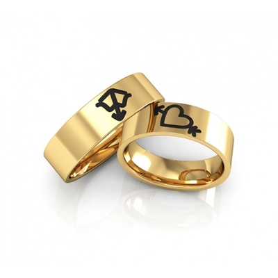 Alianças Casamento Ouro Polidas Aplique em Ródio Negro 6mm 12g Coração e Flecha