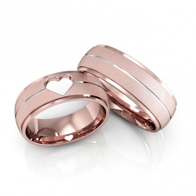 Alianças Casamento Ouro Rosê Diamantadas Coração Vazado e Friso 7mm 14g