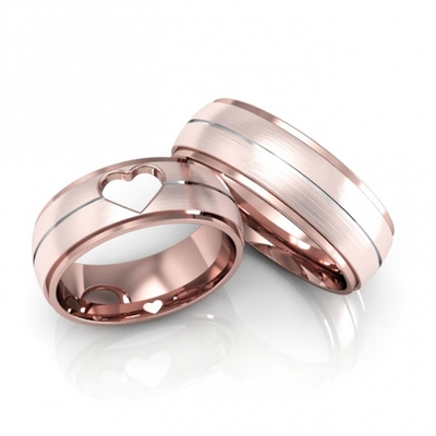 Alianças Casamento Ouro Rosê Foscas Coração Vazado e Friso 7mm 14g