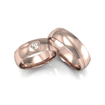 Alianças Casamento Ouro Rosê Polidas com Coração e Friso 6mm 14g