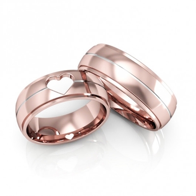 Alianças Casamento Ouro Rosê Polidas Coração Vazado e Friso 7mm 14g