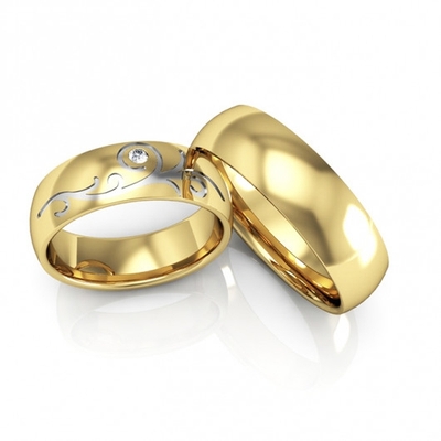 Alianças Casamento Ouro Amarelo Polidas Tribal Com Aplique Em Ródio