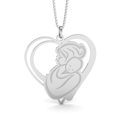 Colar Coração de Mãe Bebê Dormindo Prata