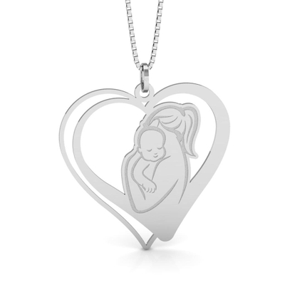 Colar Coração de Mãe Bebê no Colo Prata