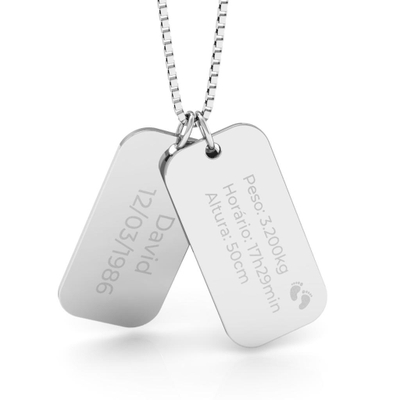 Colar Personalizado Prata Masculino Duas Placas Dados Nascimento