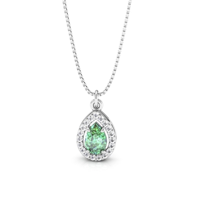 Colar Prata Gota com Pedras Brancas e Pedra Verde