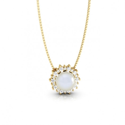 Colar Ouro 18K Pérola Pedras Brancas