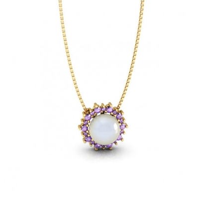 Colar Ouro 18K Pérola Pedras Lilás