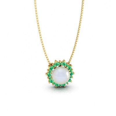 Colar Ouro 18K Pérola Pedras Verdes