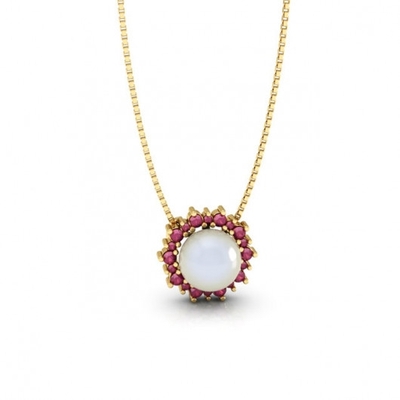 Colar Ouro 18K Pérola Pedras Vermelhas