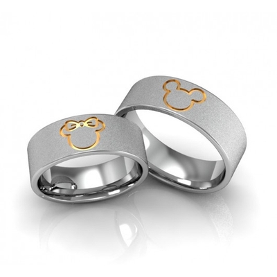 Alianças Compromisso Prata Diamantadas Minnie E Mickey Aplique Ouro Amarelo
