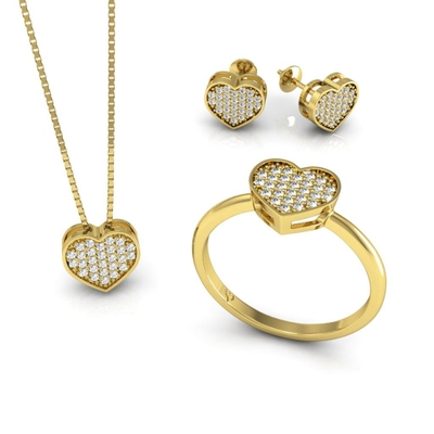 Conjunto Coração Ouro 18K Coleção Pavê Pequeno