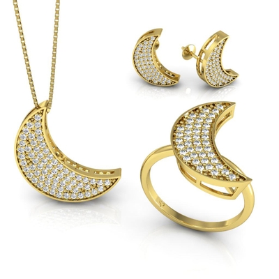 Conjunto Lua Ouro 18K Coleção Pavê Grande