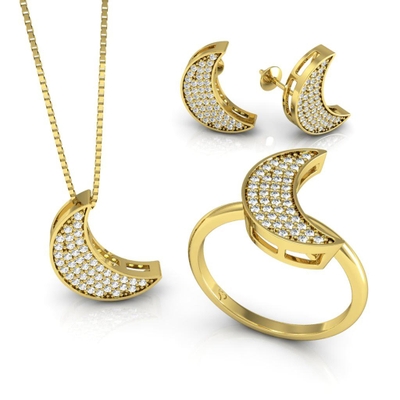 Conjunto Lua Ouro 18K Coleção Pavê Médio