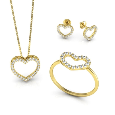 Conjunto Ouro 18K Coração Vazado com Pedras